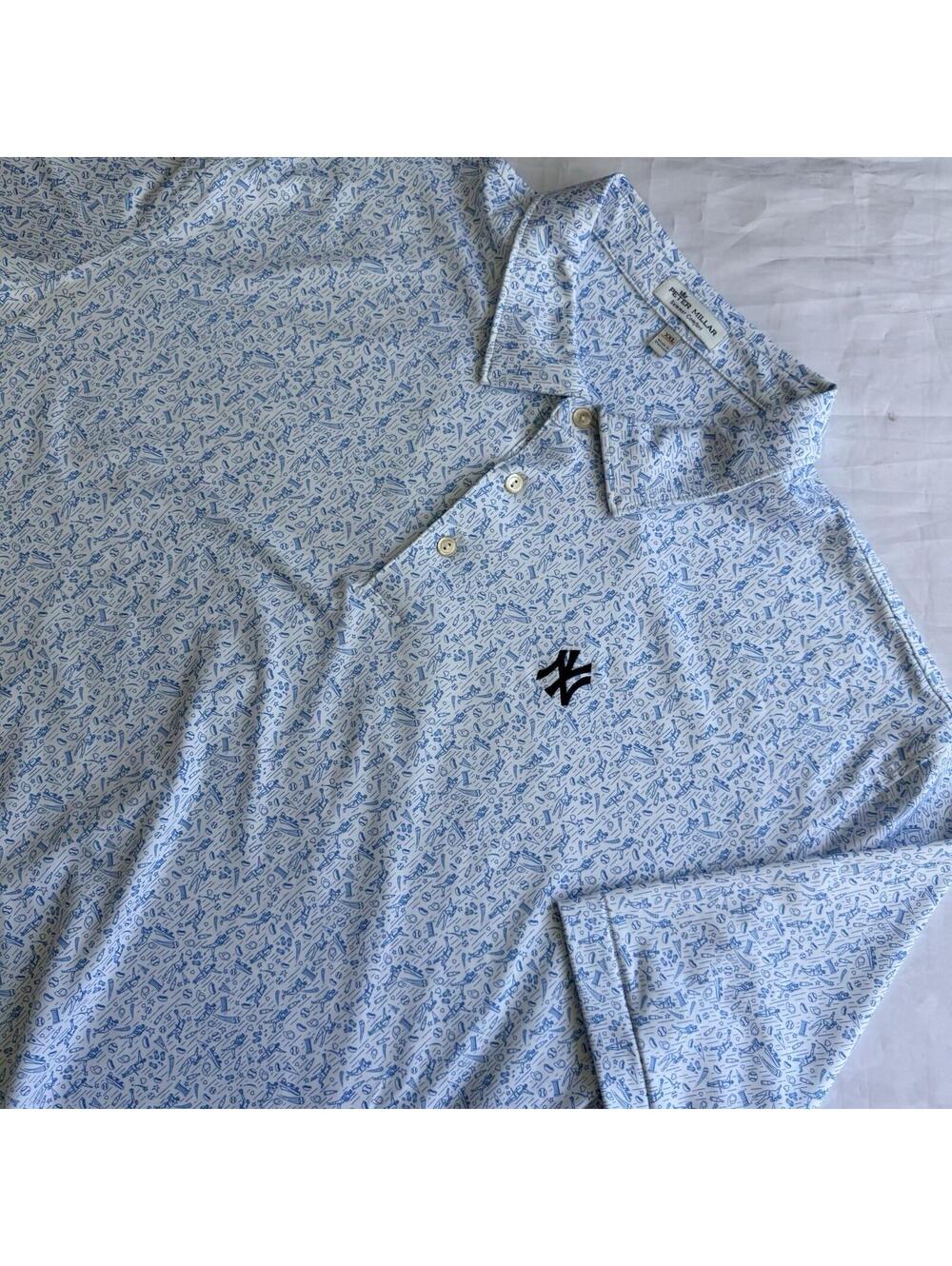 Peter Millar Summer Comfort New York Yankees Polo Shirt XXL White Blue Print MLB